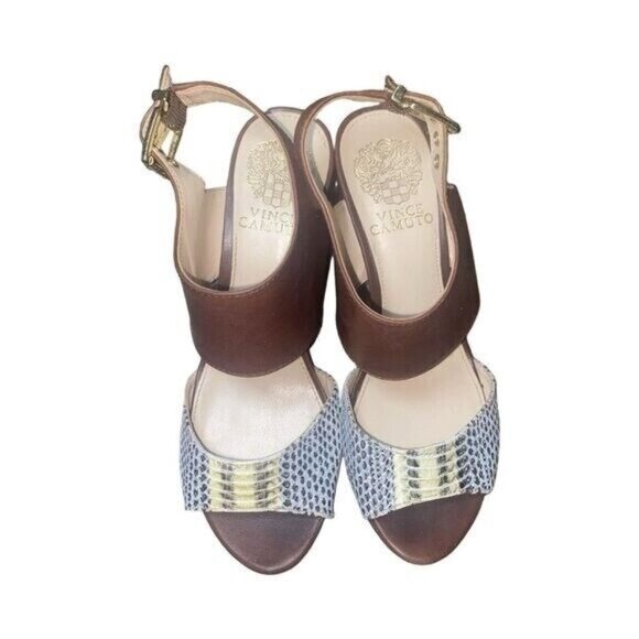Vince Camuto Warma Snakeskin & Leather Size 5.5 Ankle Strap Block Heeled Sandal - Picture 2 of 11